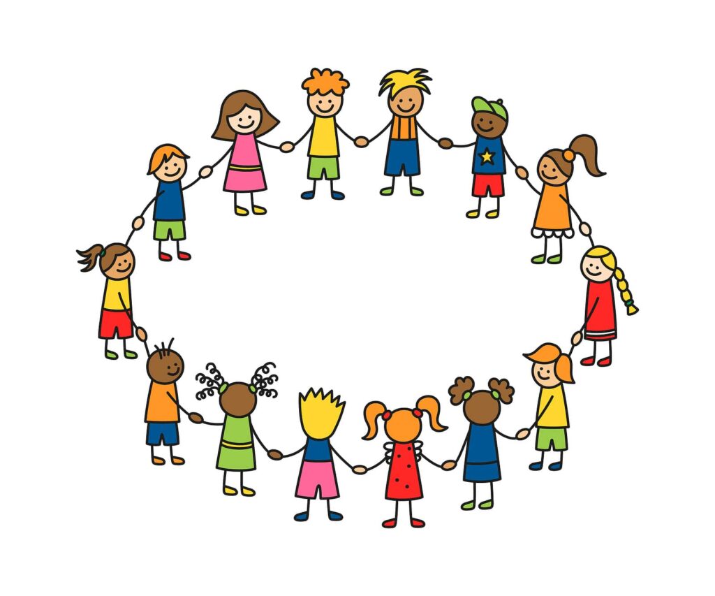 Happy doodle stick children holding hands in a circle