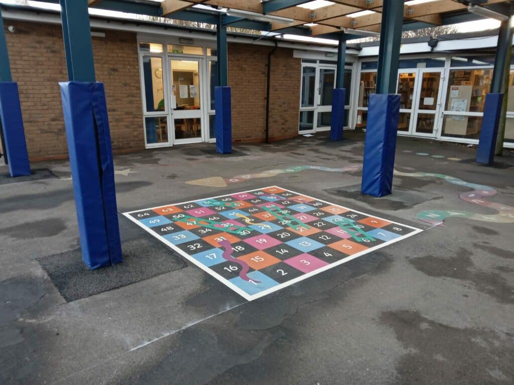 checkerboard playground markings with alternating colours and numbers