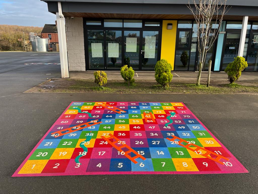1-100 Solid Snakes and Ladders, Playground Markings, Goldthorpe Primary Academy, South Yorkshire