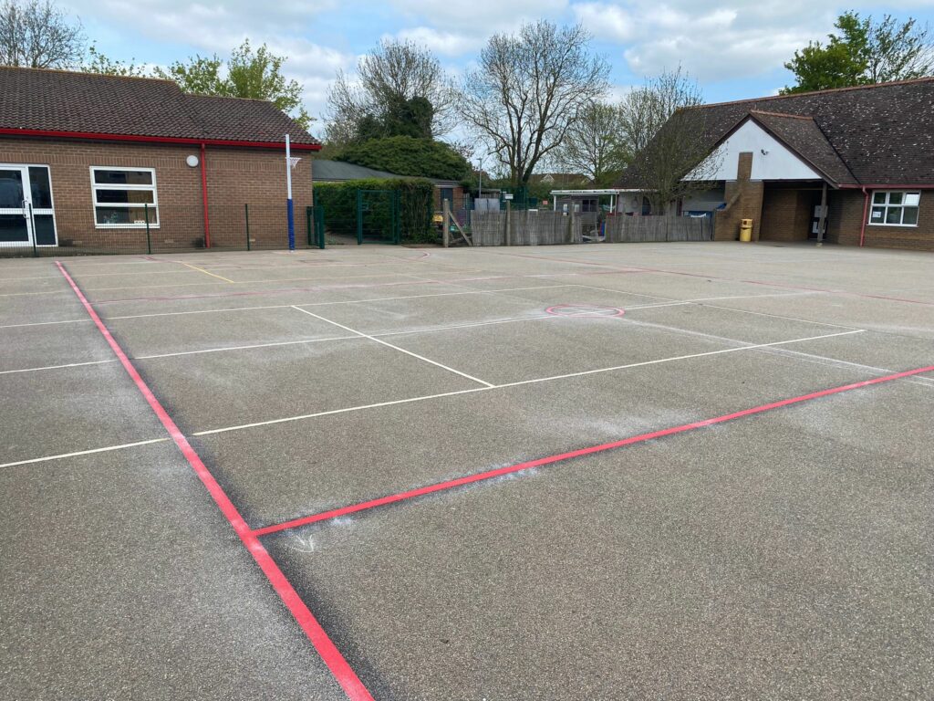 netball court playground markings, point of view from side.